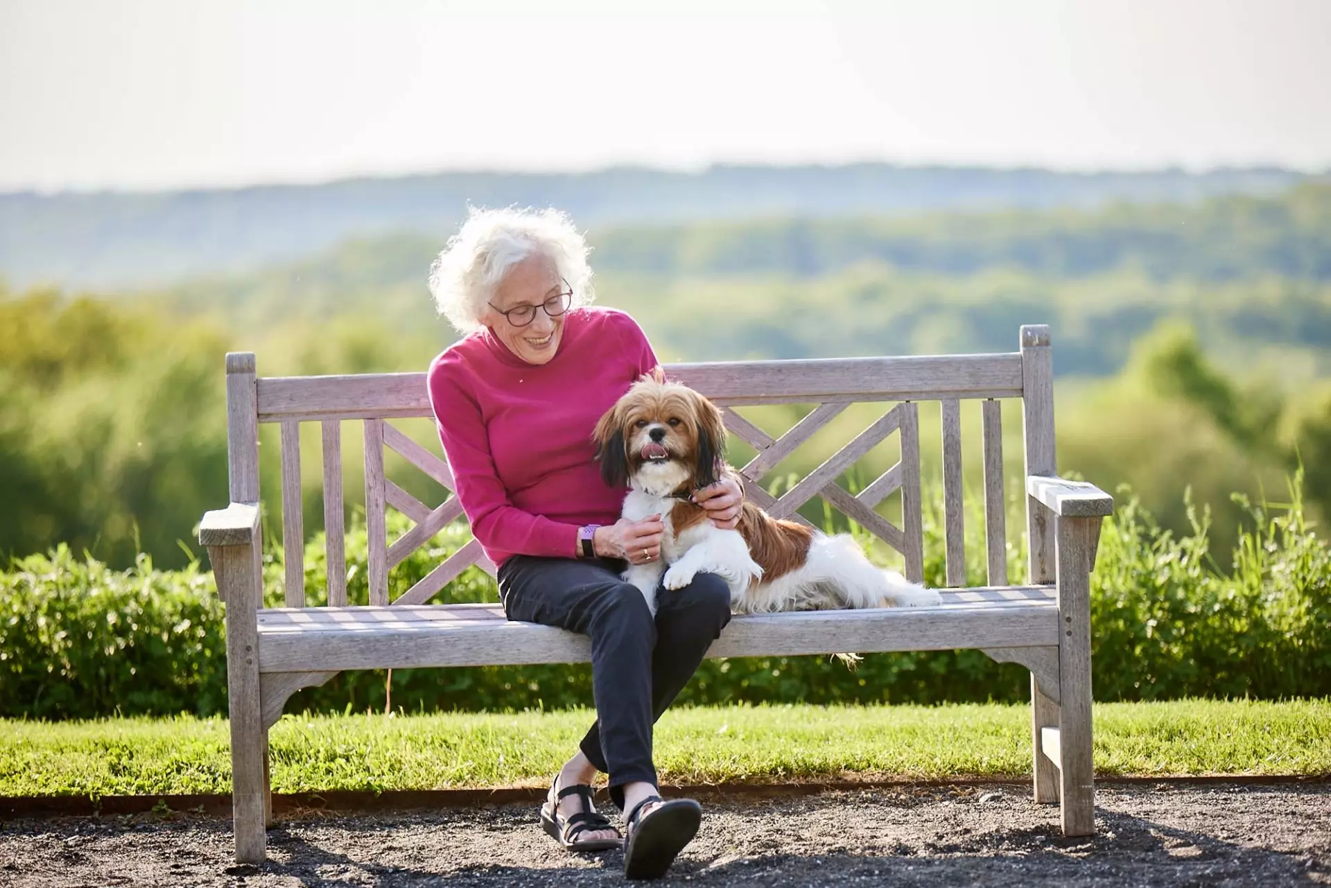 Senior woman holding dog on park bench