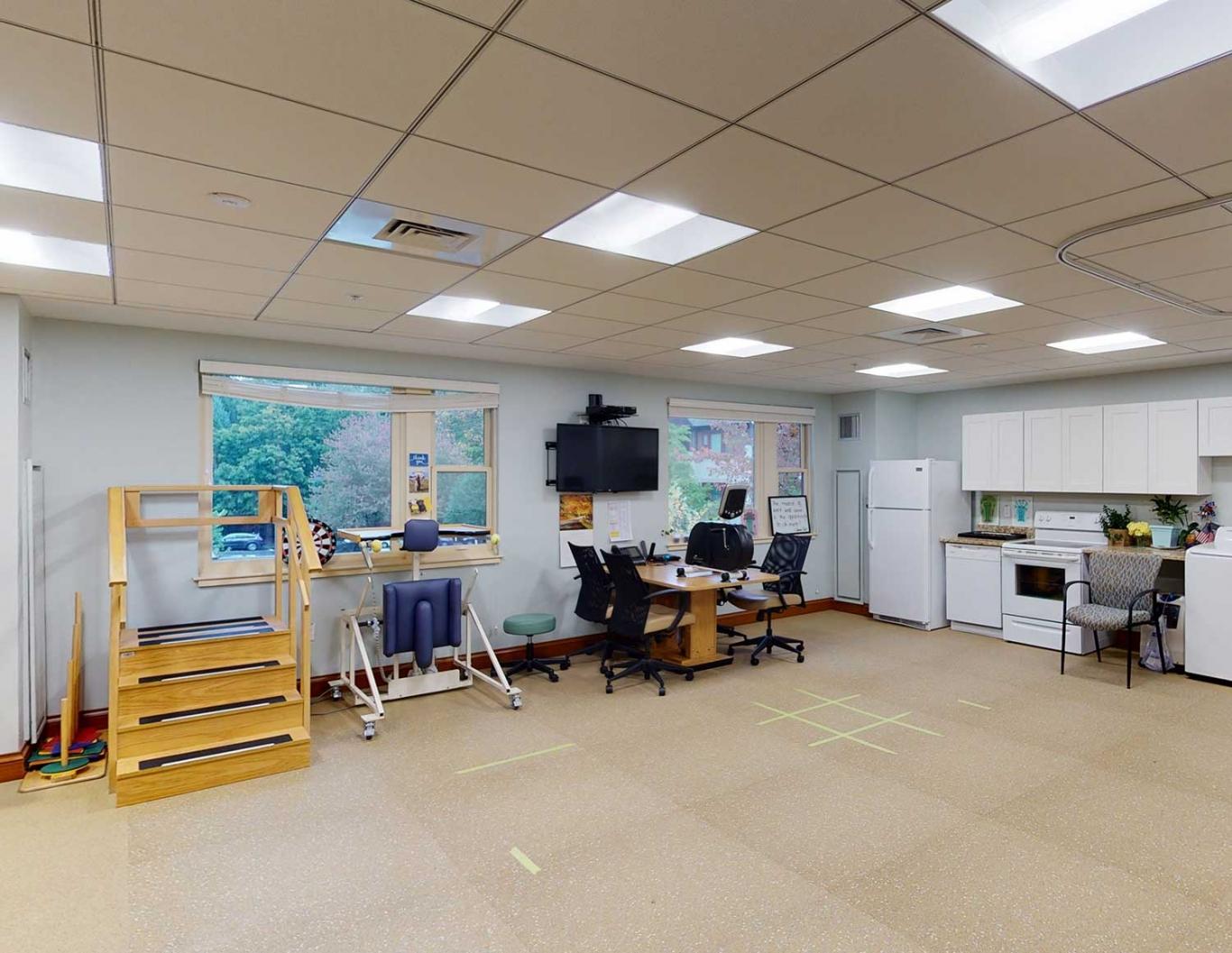 Fitness room in senior rehab center