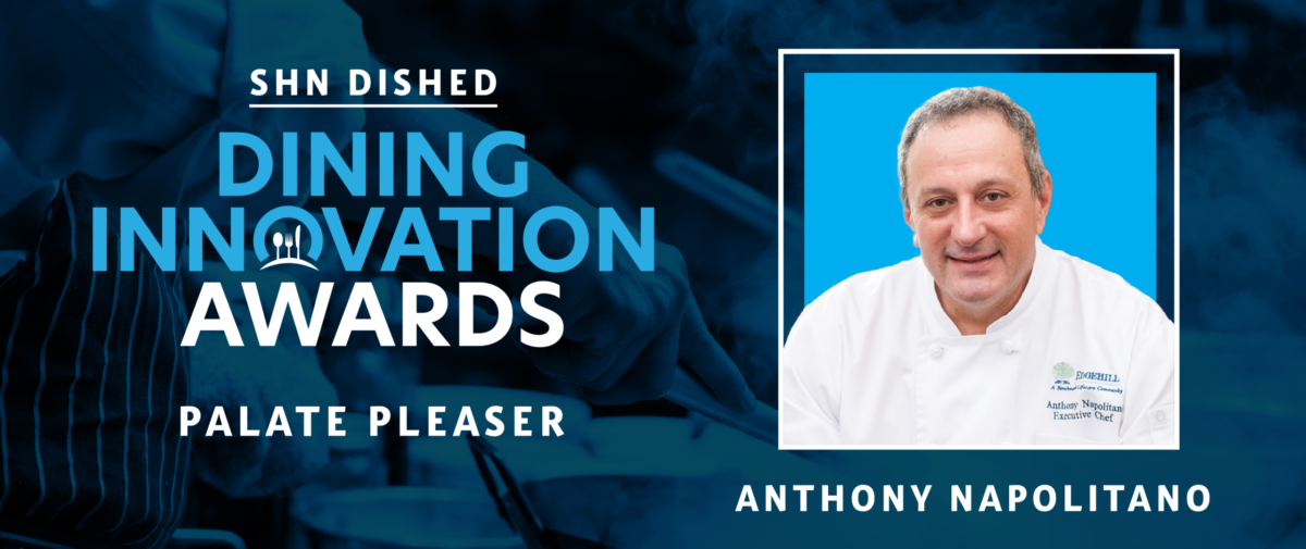 Graphic for the SHN Dished Dining Innovation Awards featuring the “Palate Pleaser” category. The design includes a blue-toned culinary background, bold award text and a portrait of Edgehill Executive Chef Anthony Napolitano in a white chef coat.
